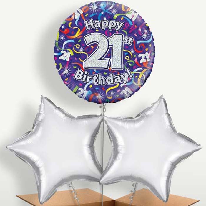 Purple Streamers Happy 21st Birthday Trio Balloon Bunch | Party Save Smile