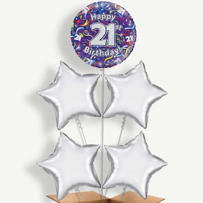 Purple Streamers Happy 21st Birthday Helium Cluster Balloons | Party Save Smile