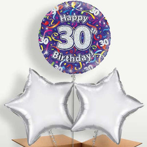 Purple Streamers Happy 30th Birthday Balloon Bunch (Trio)