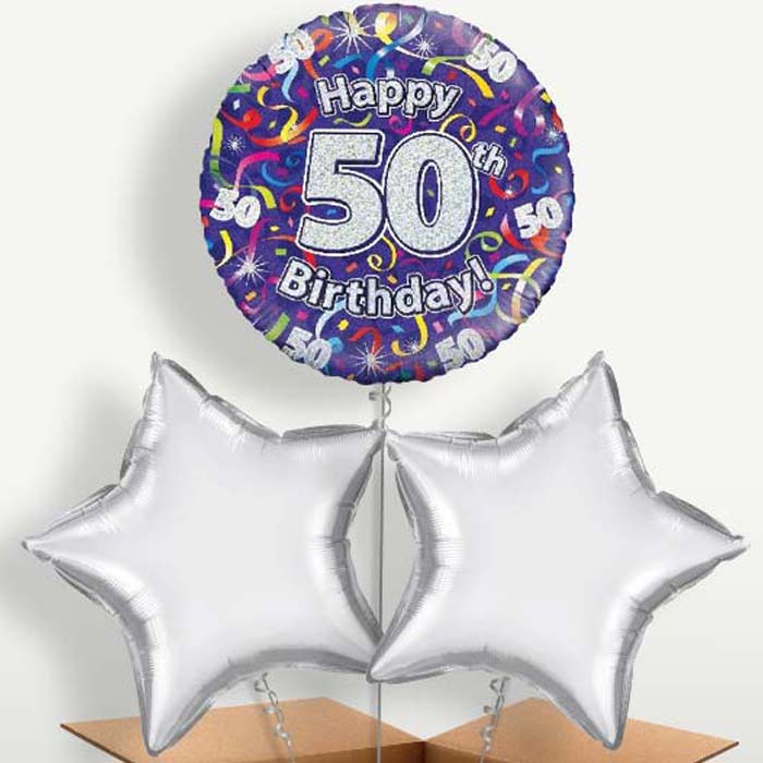 Purple Streamers Happy 50th Birthday Trio Balloon Bunch | Party Save Smile