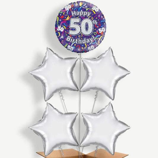 Purple Streamers Happy 50th Birthday Helium Cluster Balloons | Party Save Smile