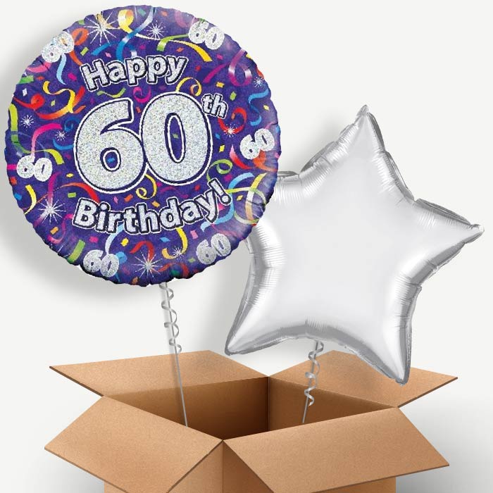 Purple Streamers Happy 60th Birthday Helium Balloon Couple | Party Save Smile