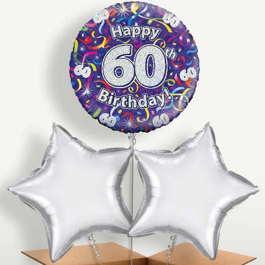 Purple Streamers Happy 60th Birthday Trio Balloon Bunch | Party Save Smile