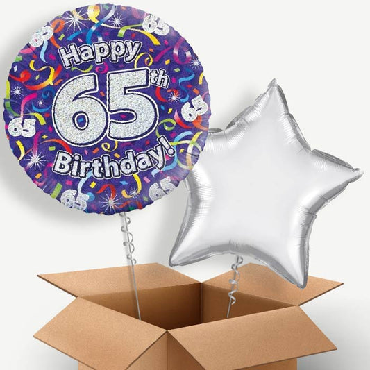 Purple Streamers Happy 65th Birthday Helium Balloon Couple | Party Save Smile