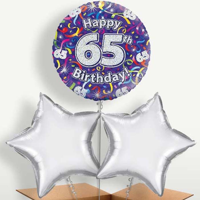 Purple Streamers Happy 65th Birthday Trio Balloon Bunch | Party Save Smile