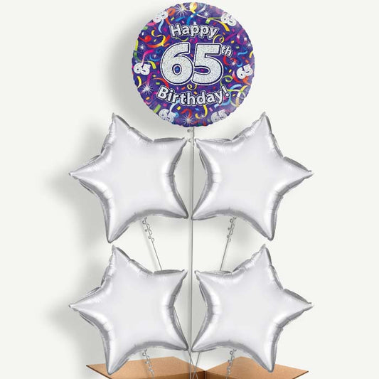Purple Streamers Happy 65th Birthday Helium Cluster Balloons | Party Save Smile