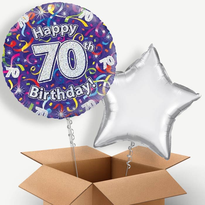 Purple Streamers Happy 70th Birthday Helium Balloon Couple | Party Save Smile