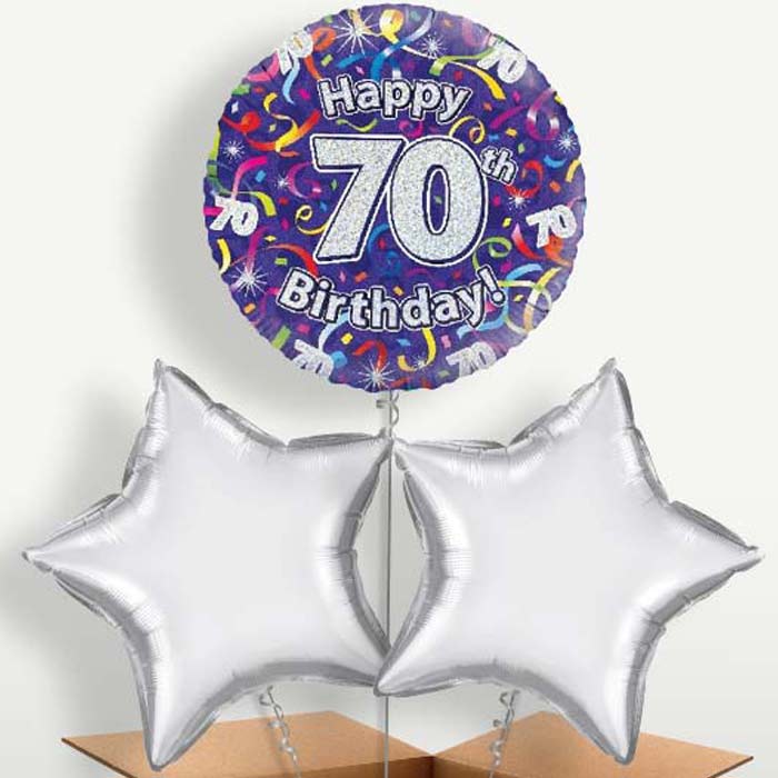 Purple Streamers Happy 70th Birthday Trio Balloon Bunch | Party Save Smile
