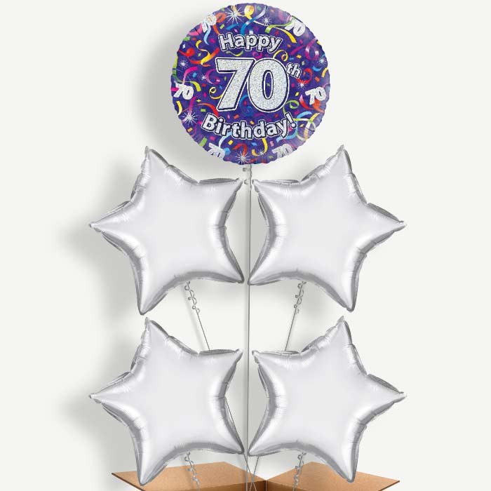 Purple Streamers Happy 70th Birthday Helium Cluster Balloons | Party Save Smile