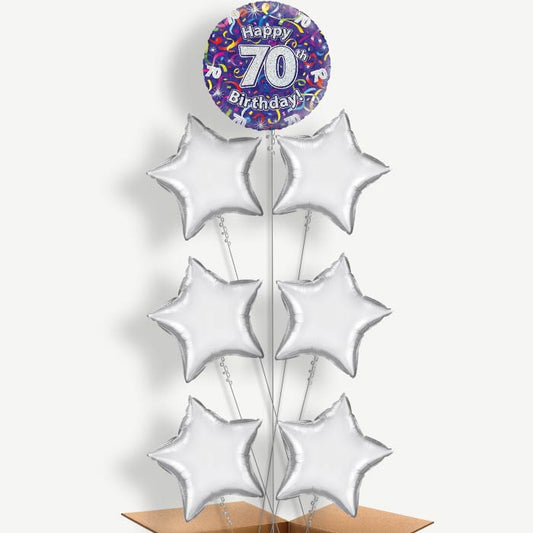 Purple Streamers Happy 70th Birthday Balloon Arrangement | Party Save Smile