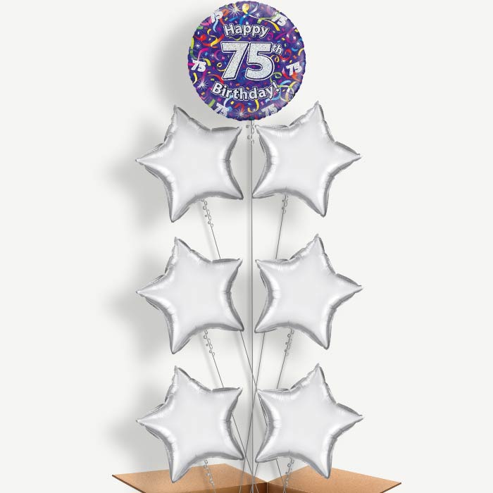 Purple Streamers Happy 75th Birthday Balloon Arrangement | Party Save Smile