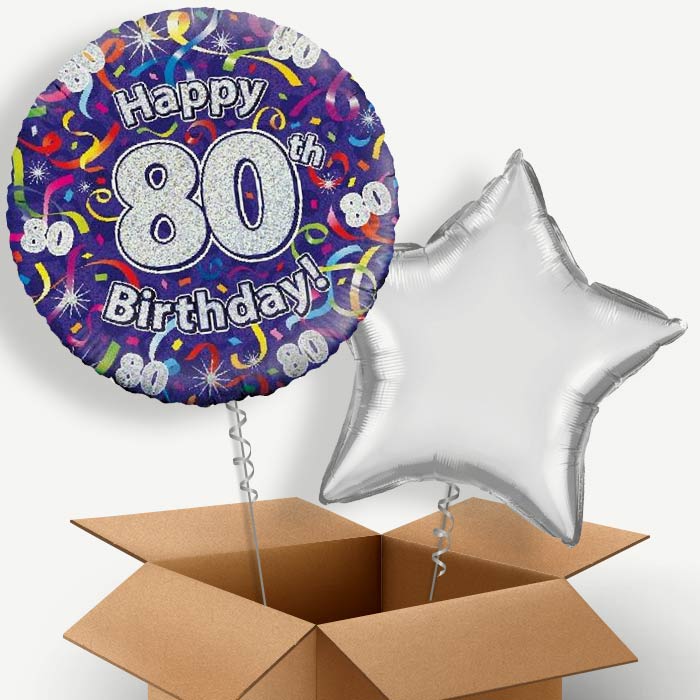 Purple Streamers Happy 80th Birthday Helium Balloon Couple | Party Save Smile