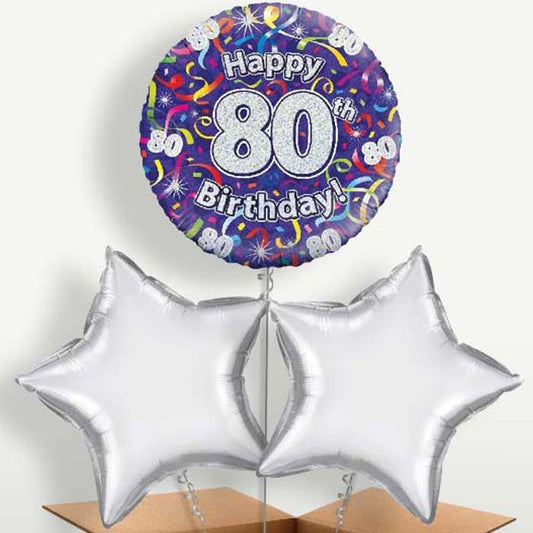 Purple Streamers Happy 80th Birthday Trio Balloon Bunch | Party Save Smile