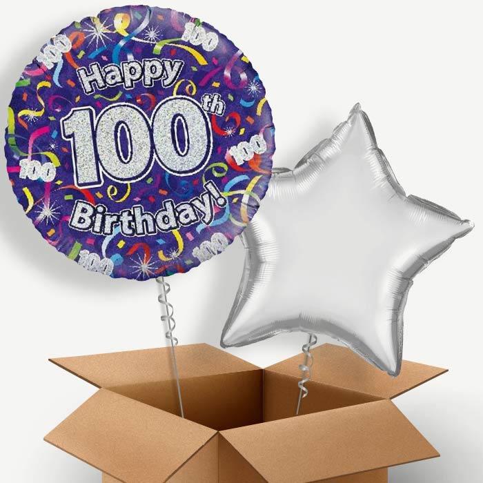 Purple Streamers Happy 100th Birthday Helium Balloon Couple | Party Save Smile