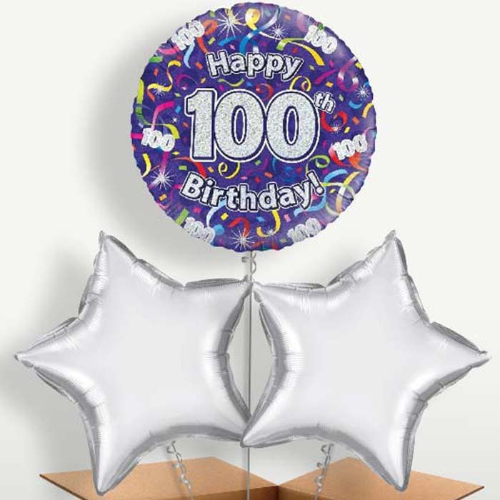 Purple Streamers Happy 100th Birthday Trio Balloon Bunch | Party Save Smile