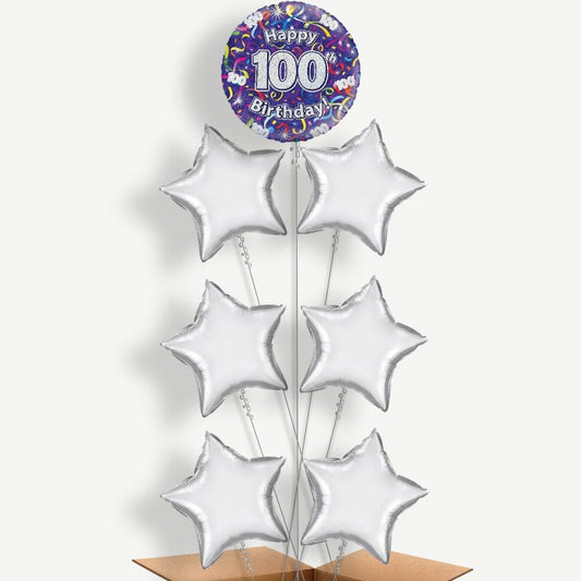 Purple Streamers Happy 100th Birthday Balloon Arrangement | Party Save Smile