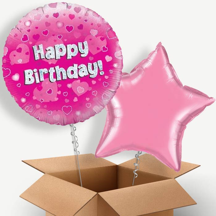 Happy Birthday Pink Hearts Helium Balloon Pair | Party Save Smile