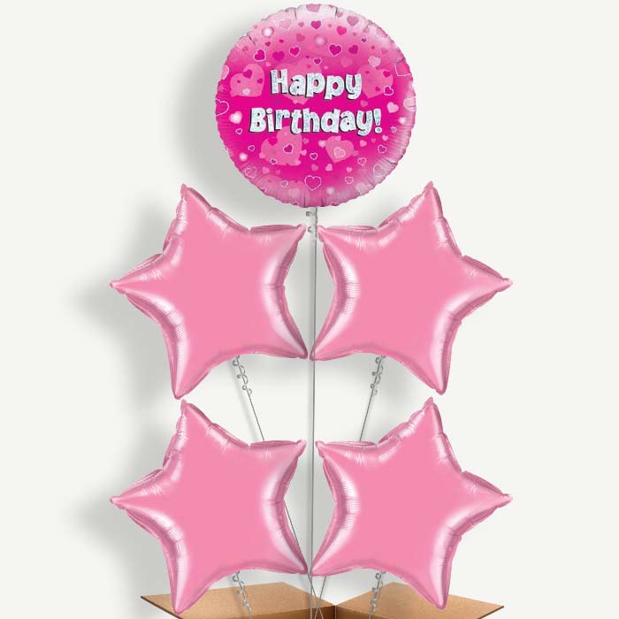 Happy Birthday Pink Hearts Helium Cluster Balloons | Party Save Smile