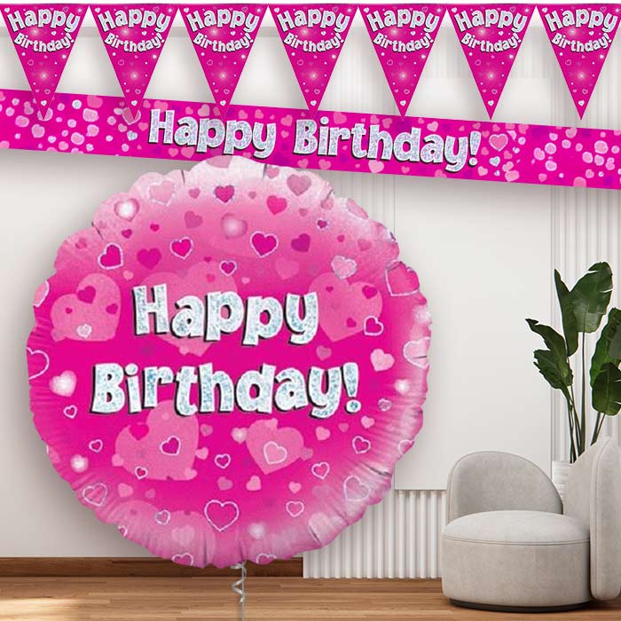 Pink Hearts Happy Birthday Balloon Banner