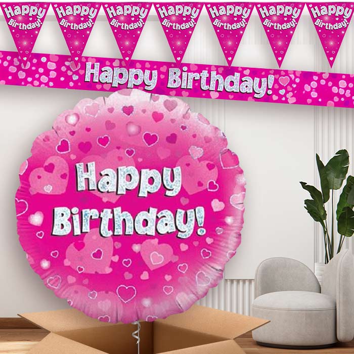 Pink Hearts Happy Birthday Balloon Banner | Party Save Smile