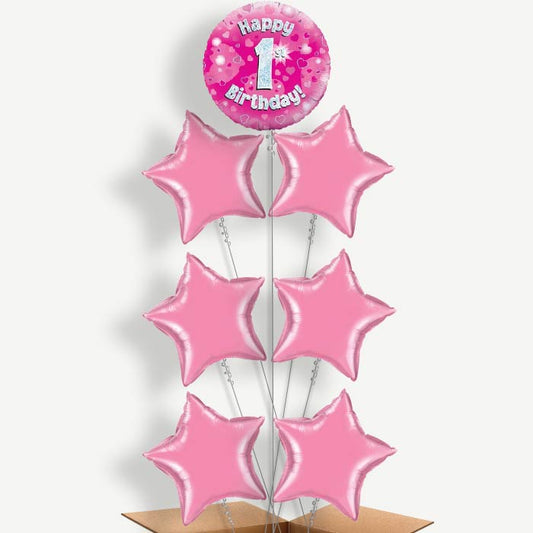 Pink Heart 1st Birthday Helium Balloon Arrangement | Party Save Smile