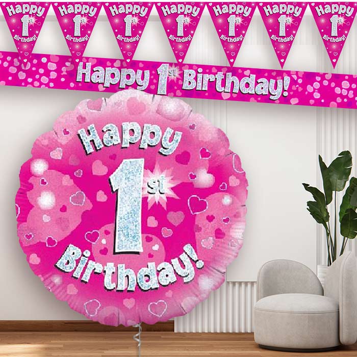 Pink Hearts 1st Birthday Balloon and Banners