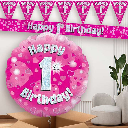 Pink Hearts 1st Birthday Balloon and Banners | Party Save Smile