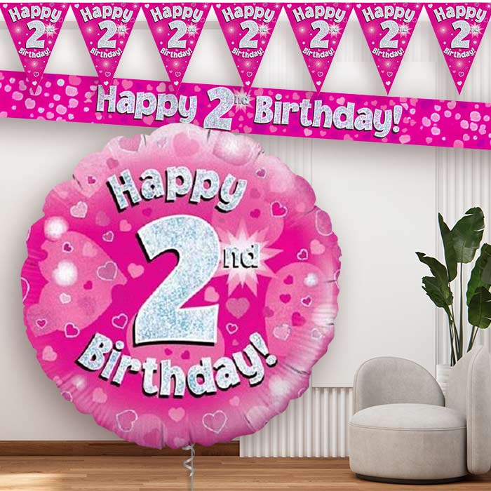 Pink Hearts 2nd Birthday Balloon and Banners