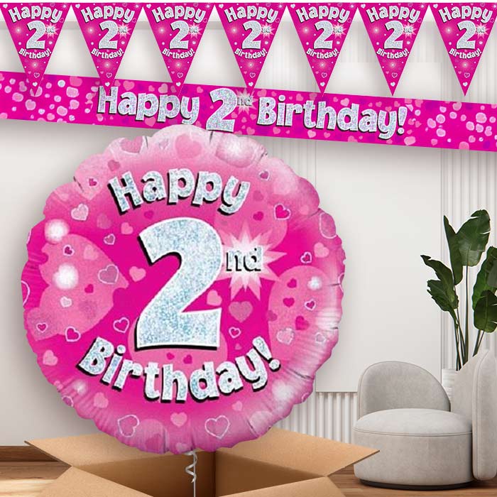 Pink Hearts 2nd Birthday Balloon and Banners | Party Save Smile