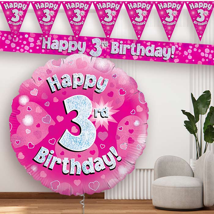 Pink Hearts 3rd Birthday Banners and Balloon