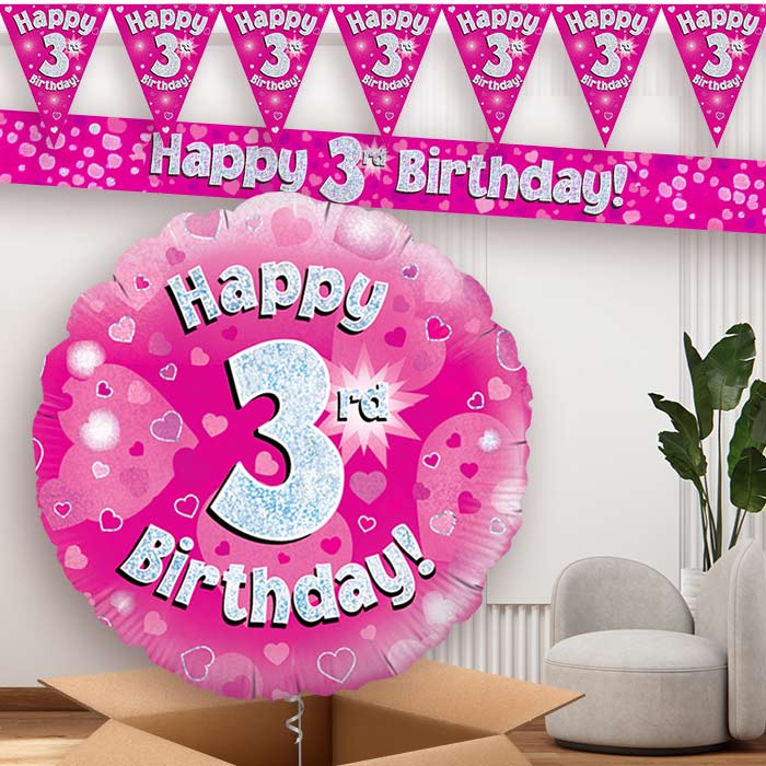 Pink Hearts 3rd Birthday Banners and Balloon | Party Save Smile
