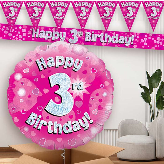 Pink Hearts 3rd Birthday Banners and Balloon | Party Save Smile