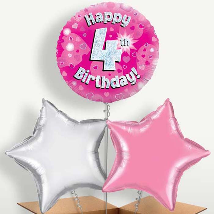 Happy 4th Birthday Pink Hearts Balloons in a Bunch | Party Save Smile