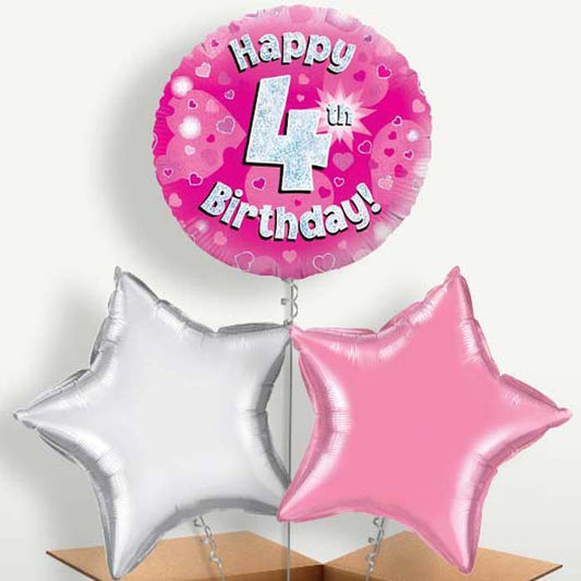 Happy 4th Birthday Pink Hearts Balloons in a Bunch | Party Save Smile