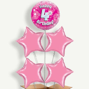 Happy 4th Birthday Pink Hearts 5 Helium Cluster Balloons