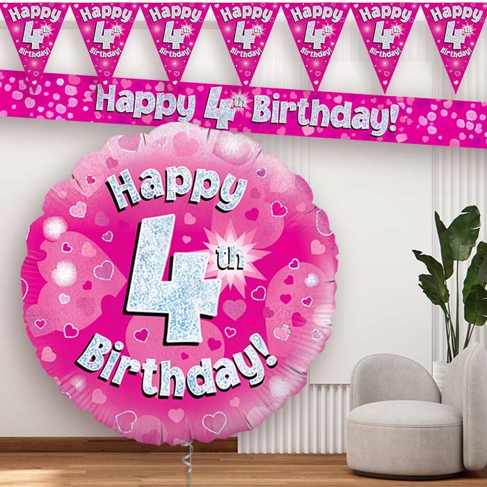 Pink Hearts 4th Birthday Balloon and Banners - Party Save Smile