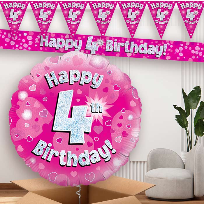 Pink Hearts 4th Birthday Balloon and Banners | Party Save Smile