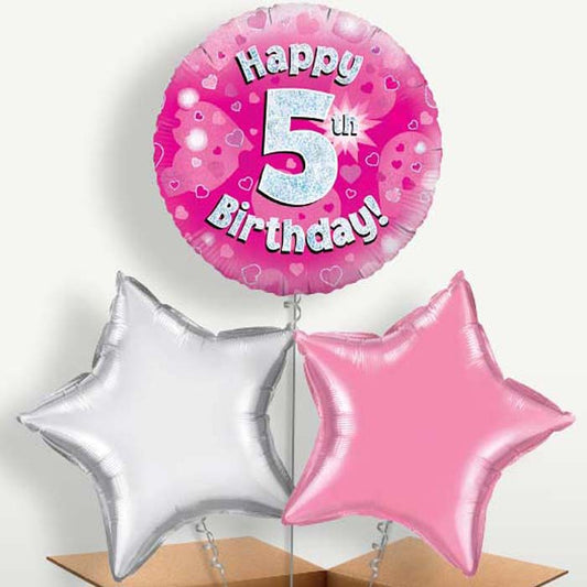 Happy 5th Birthday Pink Hearts Balloons in a Bunch | Party Save Smile