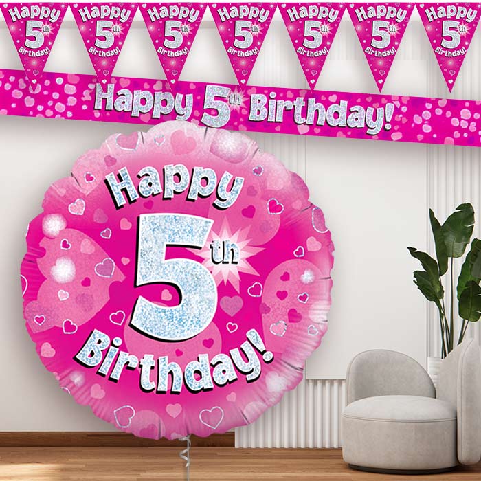 Pink Hearts 5th Balloon and Banners - Party Save Smile