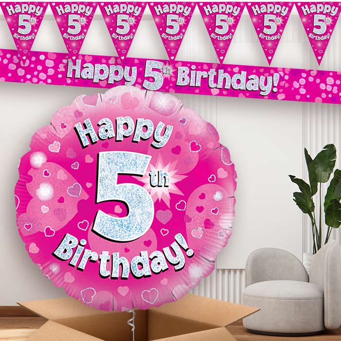 Pink Hearts 5th Balloon and Banners | Party Save Smile