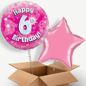 Happy 6th Birthday Pink Hearts Helium Balloon Duo