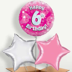 Happy 6th Birthday Pink Hearts Balloons in a Bunch (Trio)