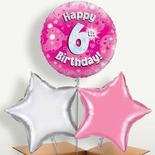 Happy 6th Birthday Pink Hearts Balloons in a Bunch | Party Save Smile