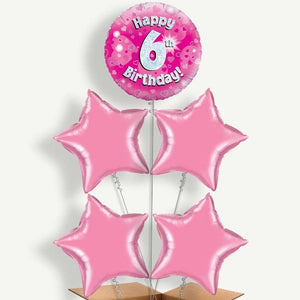 Happy 6th Birthday Pink Hearts 5 Helium Cluster Balloons