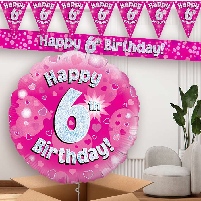 Pink Hearts 6th Balloon and Banners | Party Save Smile