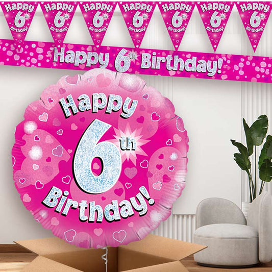 Pink Hearts 6th Balloon and Banners | Party Save Smile