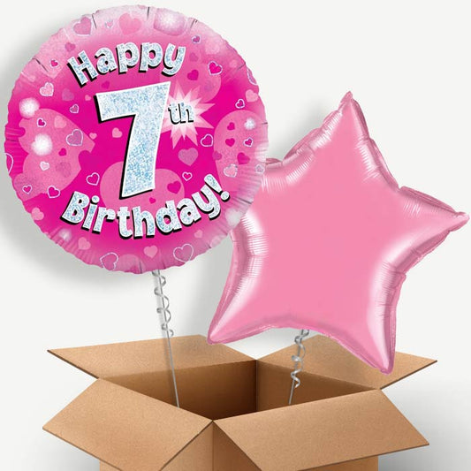 Happy 7th Birthday Pink Hearts Helium Balloon Pair | Party Save Smile