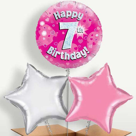 Happy 7th Birthday Pink Hearts Balloons in a Bunch | Party Save Smile
