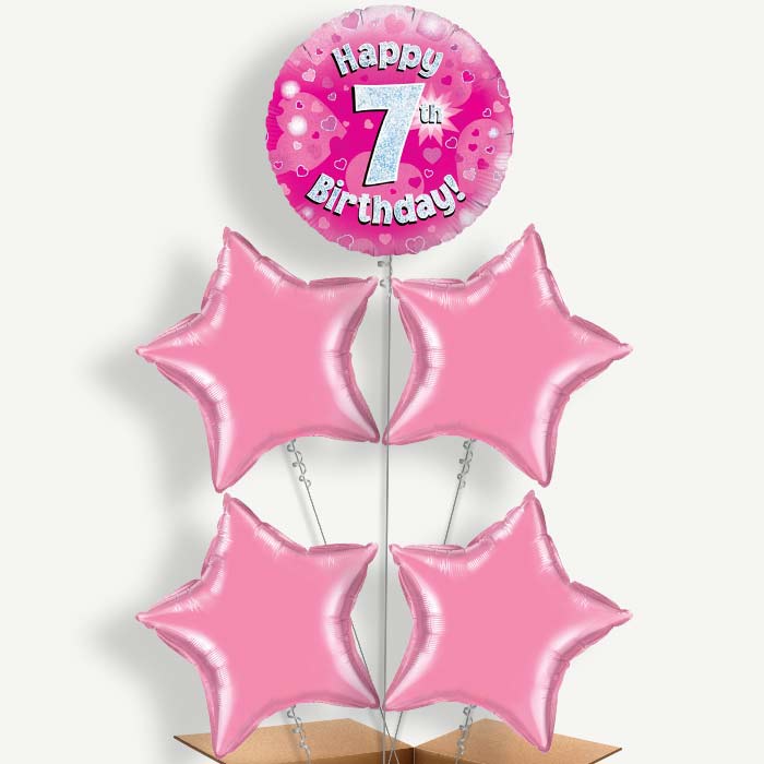 Happy 7th Birthday Pink Hearts Helium Cluster Balloons | Party Save Smile
