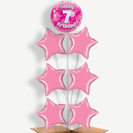 Happy 7th Birthday Pink Hearts Helium Balloon Arrangement | Party Save Smile